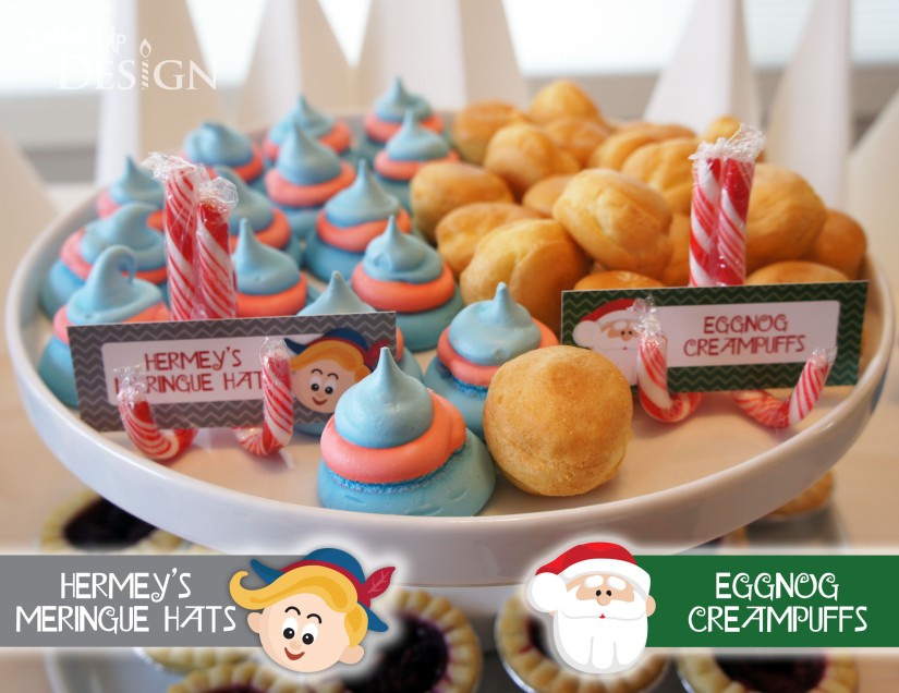 Rudolph Holiday Party Food - Hermey's Meringue Hats & Eggnog Creampuffs